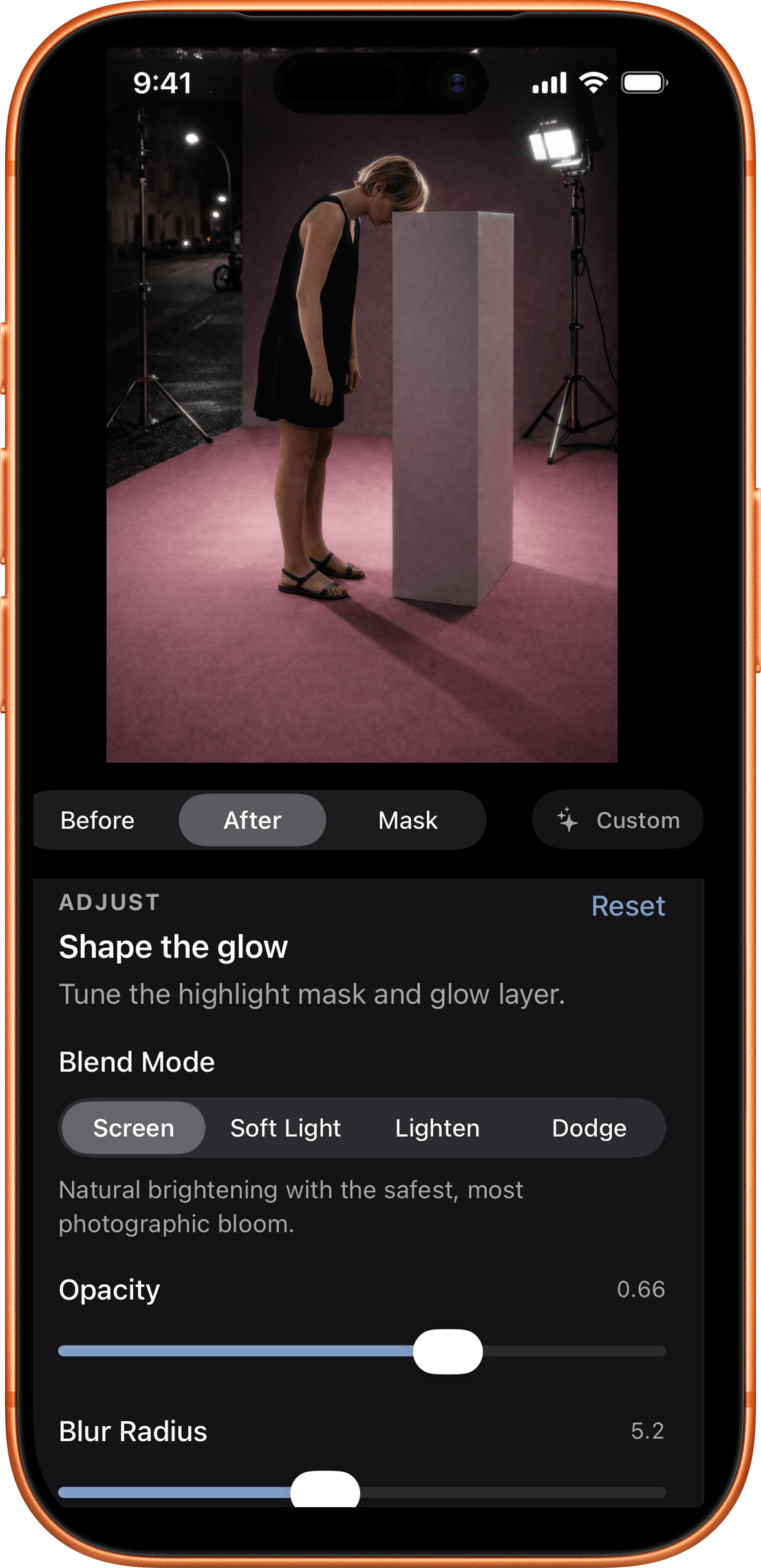 Bloom HDF hero screenshot inside an iPhone frame.